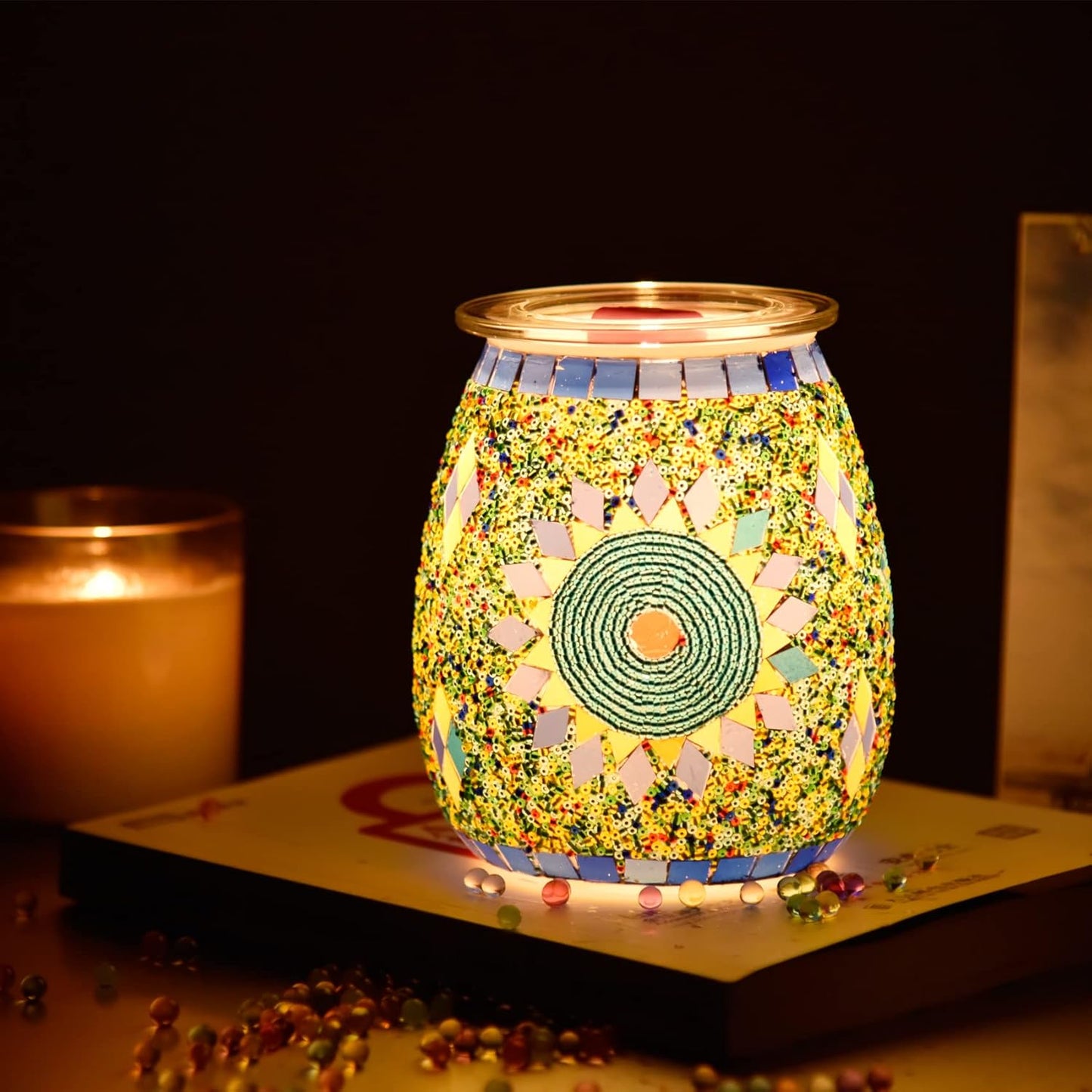 Dicimi Electric Wax Melter, Mosaic Stove Burner, Glass Essential Oil Stove Wax Tart Burner Fragrance Night Light Aromatic Decoration for Home Office Bedroom Living Room Decoration Present (Sunflower)