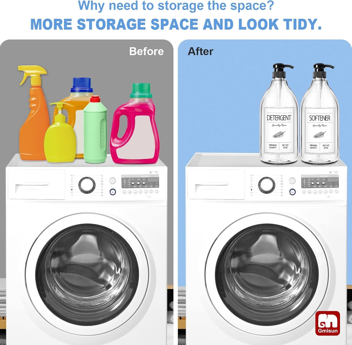 GMISUN Laundry Detergent Dispenser, 2 Pack Liquid Laundry Soap Dispenser, 64oz Storage Container for Farmhouse Laundry Room Decor, Liquid Bottle Organizer for Detergent/Softener/Bleach