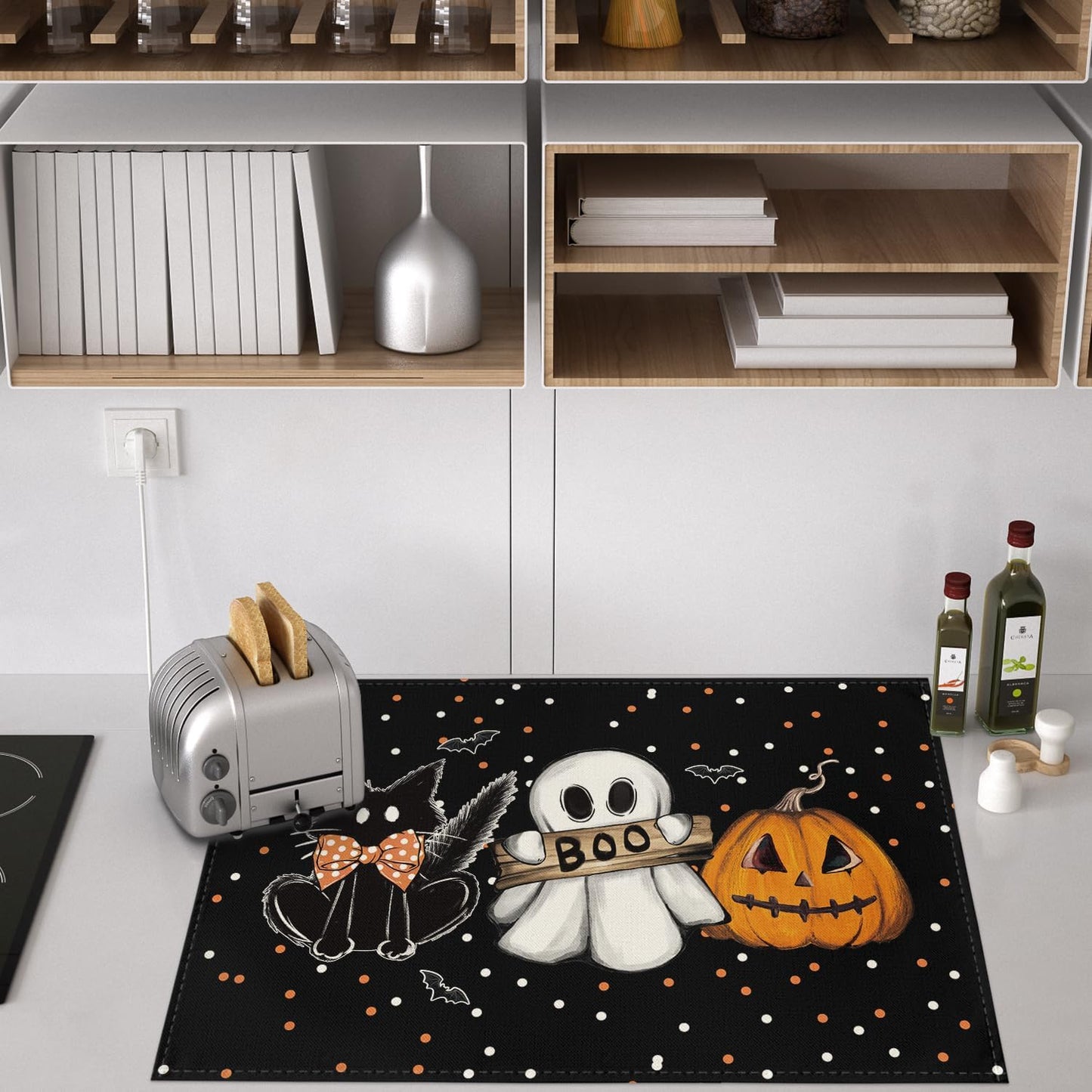 Artoid Mode Cat Ghost Pumpkin Halloween Placemats, 24x36 Inch Extra Large Table Mats for Kitchen Countertop Protector Dining Decoration