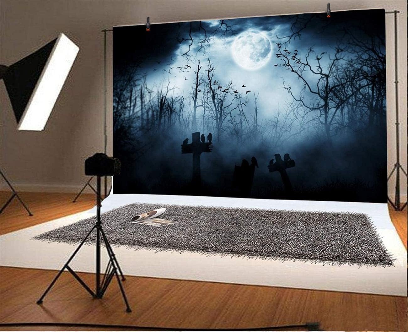 AOFOTO 10x7ft Moon Night Halloween Cemetery Photography Backdrop Flying Bats Birds Stand on Gravestone Cross Graveyard in Dark Forest Photo Background Cloth Vinyl Wallpaper Photo Studio Props Vinyl