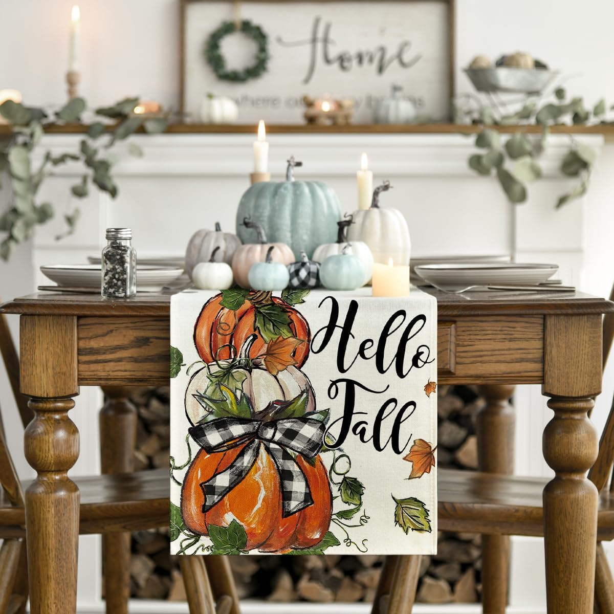 Artoid Mode Pumpkins Bowknot Maple Leaf 210 GSM Fall Table Runner, Seasonal Autumn Kitchen Dining Table Decoration for Home Party Decor 13x72 Inch