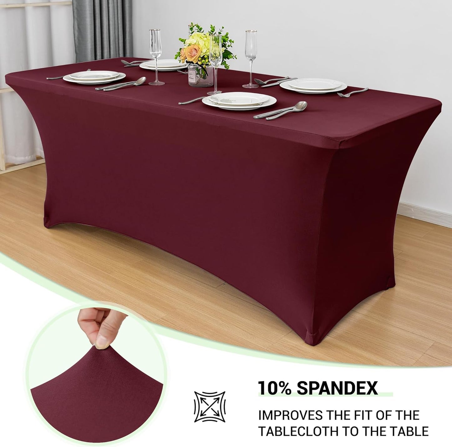 Obstal 6ft Stretch Spandex Table Cover for Standard Folding Tables - Universal Rectangular Fitted Tablecloth Protector for Wedding, Banquet and Party, 72L x 30W x 30H Inches, Wine Red, 2pc