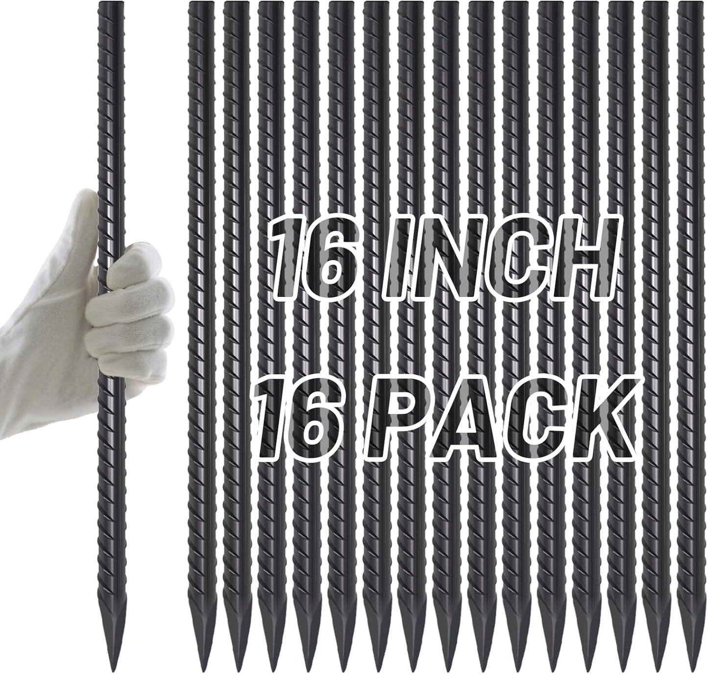 AAGUT 16 Inch Rebar Stakes Heavy Duty 16 Pack 3/8" Diameter Landscape Timber Spikes, Straight Stakes with Chisel Point End, Ground Anchors for Camping Tent, Garden Plant Support, Concrete, Black