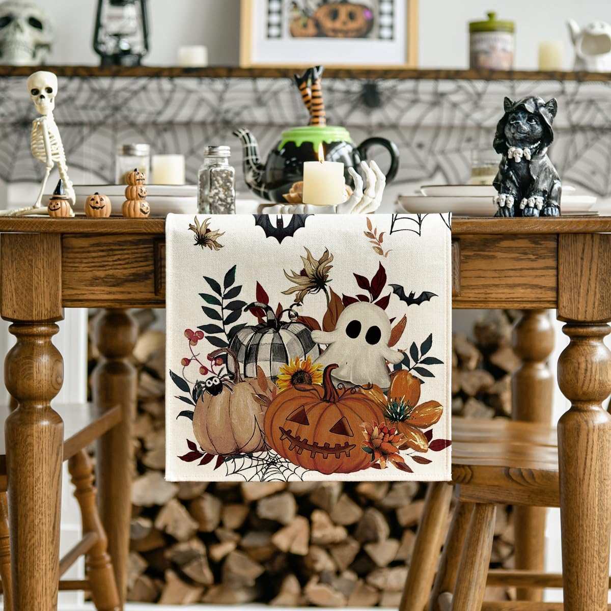 Artoid Mode Pumpkin Ghost Leaves Spider Web 210 GSM Halloween Table Runner, Spooky Kitchen Dining Table Decoration for Home Party Decor 13x36 Inch