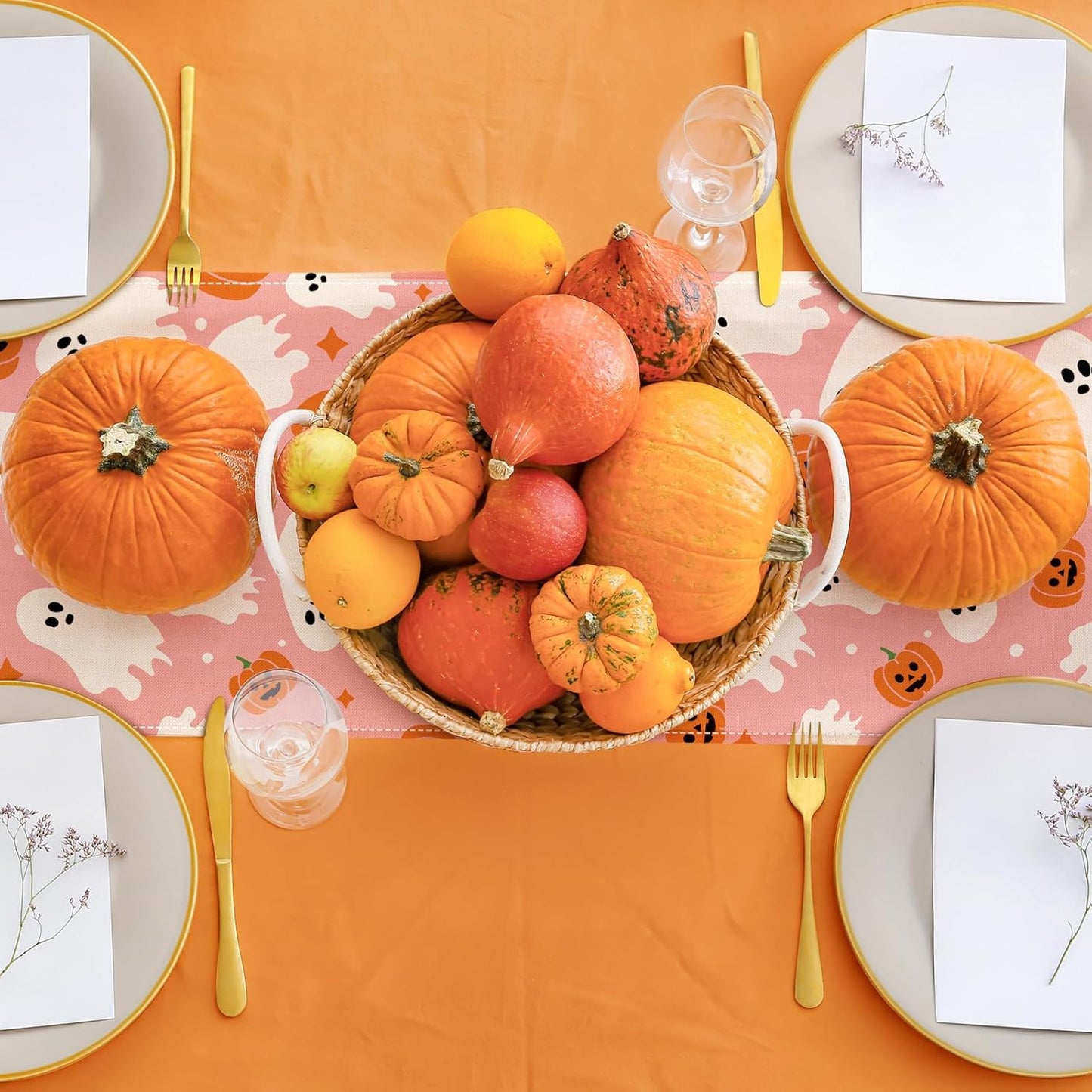 AnyDesign Pink Halloween Table Runner Cute Ghost Table Cover Spooky Halloween Kitchen Dining Table Decoration for Indoor Outdoor Home Party Supplies, 13 x 72 Inch