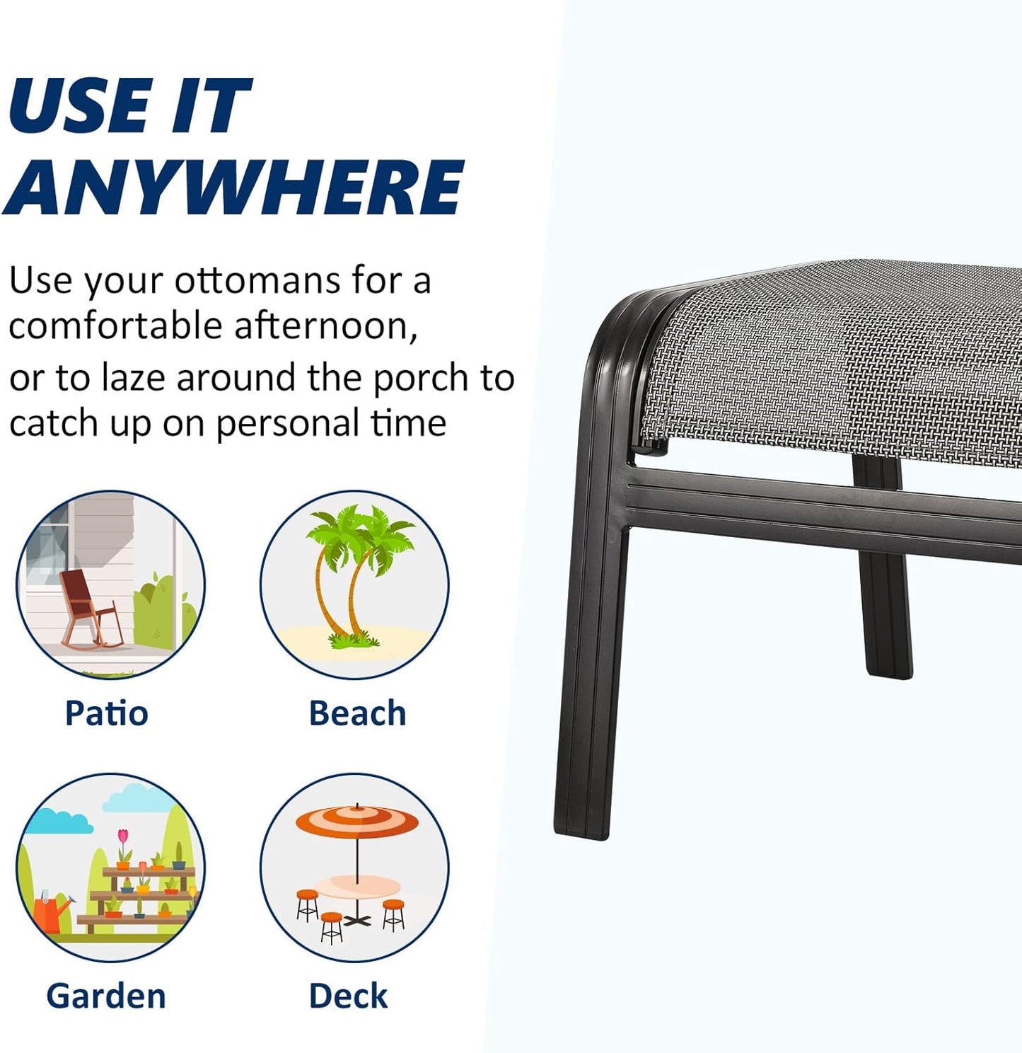 Outdoor Patio Ottoman Seat Textilene Portable Metal Footstool Portable Footrest Patio Chairs 2 Set Grey