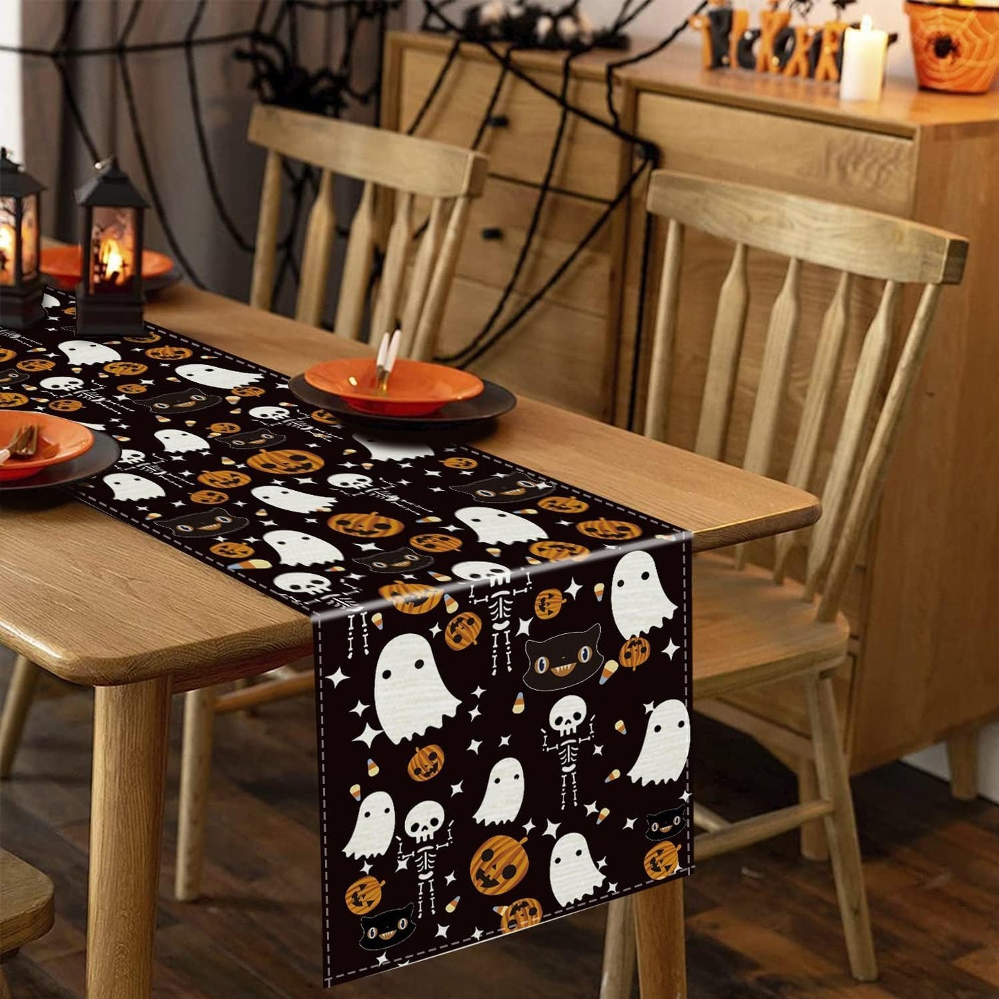 Halloween Table Runner and Placemats Set of 5, Halloween Ghost Funny Black Linen Seasonal Kitchen Dining Table Home Outdoor Party Decorations 13x72 Inch