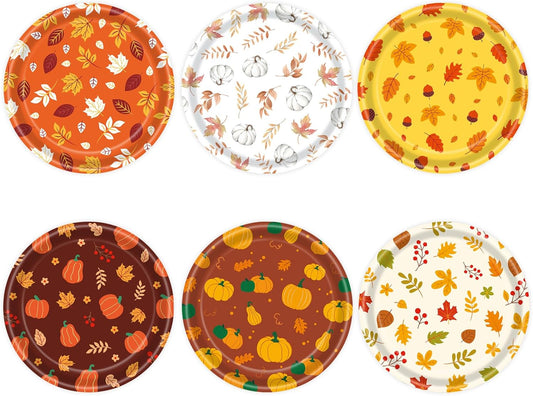 48 PCS Fall Paper Plates 7 inch, Leaves Pumpkin Thanksgiving Party Plates Disposable Cake Dessert Plate for Autumn Theme Party Decorations (Fall)