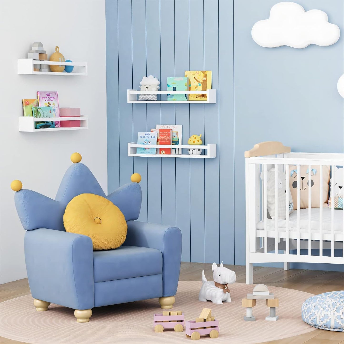 Forbena 24 Inch Wall Bookshelf for Kids Bedroom Set of 4, White Floating Nursery Book Shelves for Baby Toddler Children Girls Boys Room Decor, Large Wood Wall Mount Bookshelves and Toy Storage