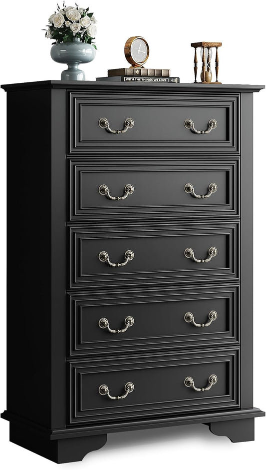 WLIVE Farmhouse Dresser for Bedroom, Tall Wood Dresser with 5 Drawer, Chest of Drawers with Roman Metal Handle for Living Room, Hallway, Closet, Black