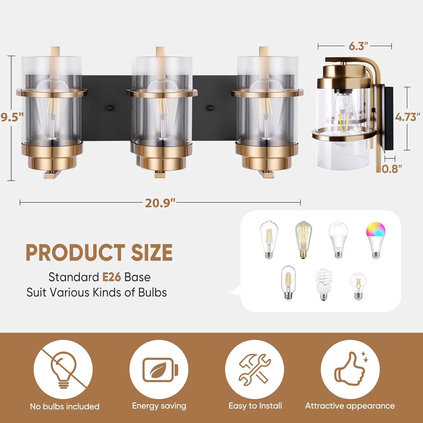 Black Gold Vanity Lights,3 Lights Bathroom Light Fixtures,Gold Finish Industrial Modern Wall Sconces 3 Lights,Bathroom Wall Lights(Bulbs not Included)