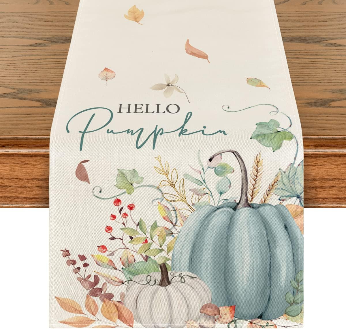 Artoid Mode Aqua Hello Pumpkin Leaves Fall Table Runner, Seasonal Autumn Kitchen Dining Table Decoration for Home Party Decor 13x120 Inch