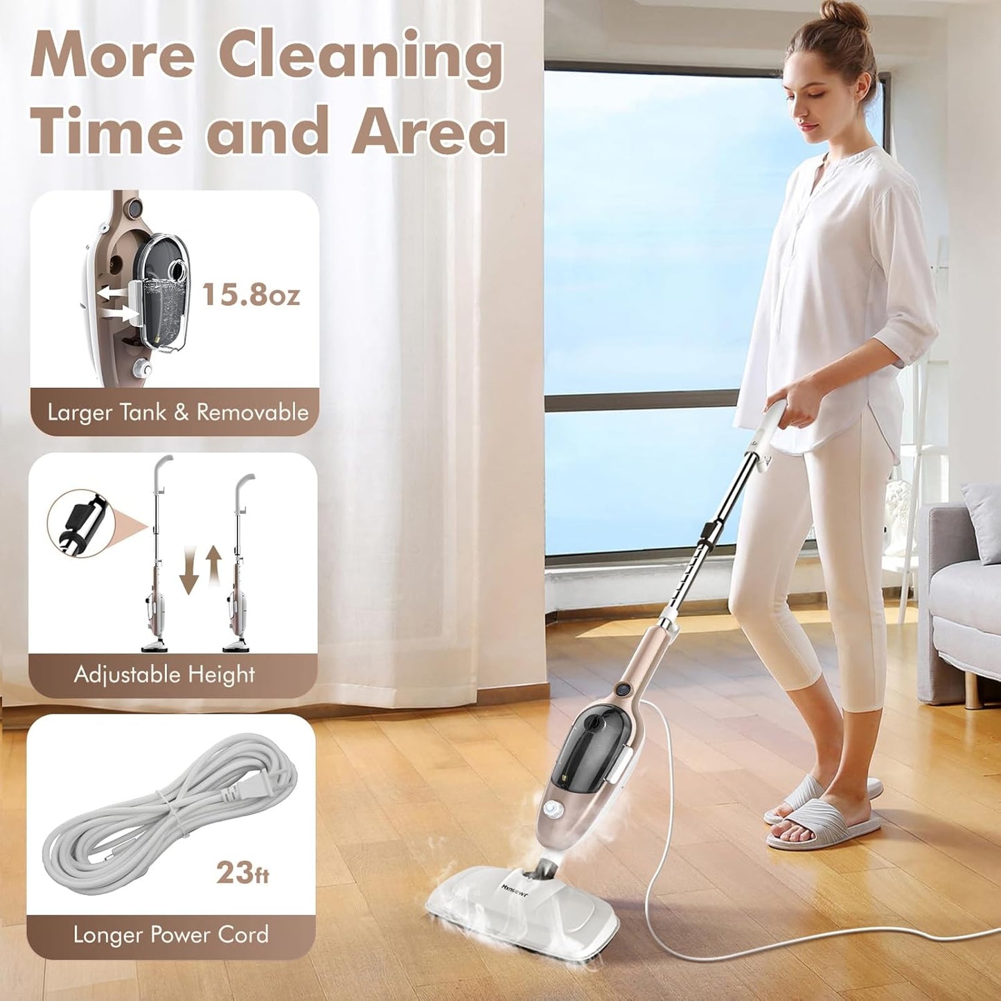 Steam Mop - All-in-one Powerful Handheld Steam Cleaner Detachable Floor Steamer with 11 Accessories, MultiPurpose Steamer for Hardwood Floors, Clothes,Windows,Tiles,Carpet, Whole Home Use, Rose Gold