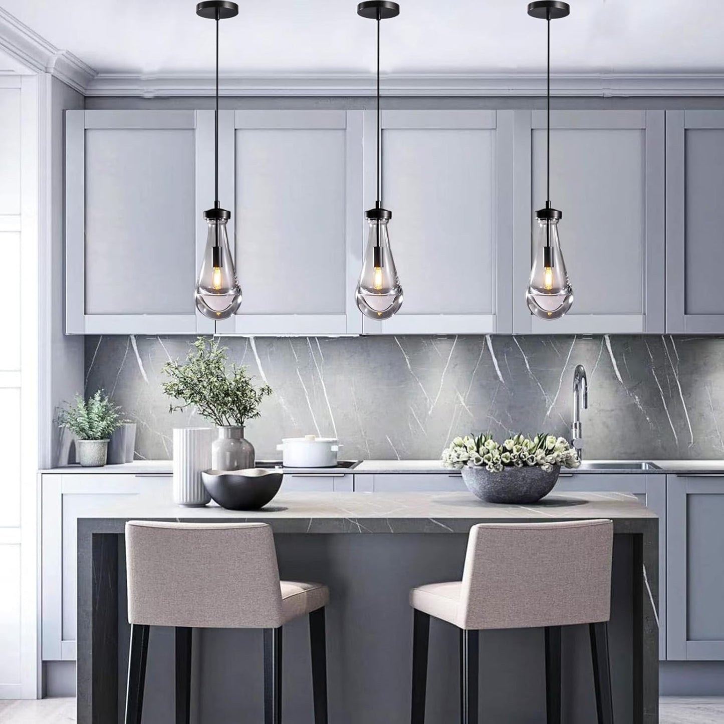 Modern Raindrop Pendant Lights Set of 3, Pendant Lights Kitchen Island 3 Pack, Matte Black Pendant Lights for Bedroom Bathroom, Chandelier for Living Room Hallway, Bulb Included