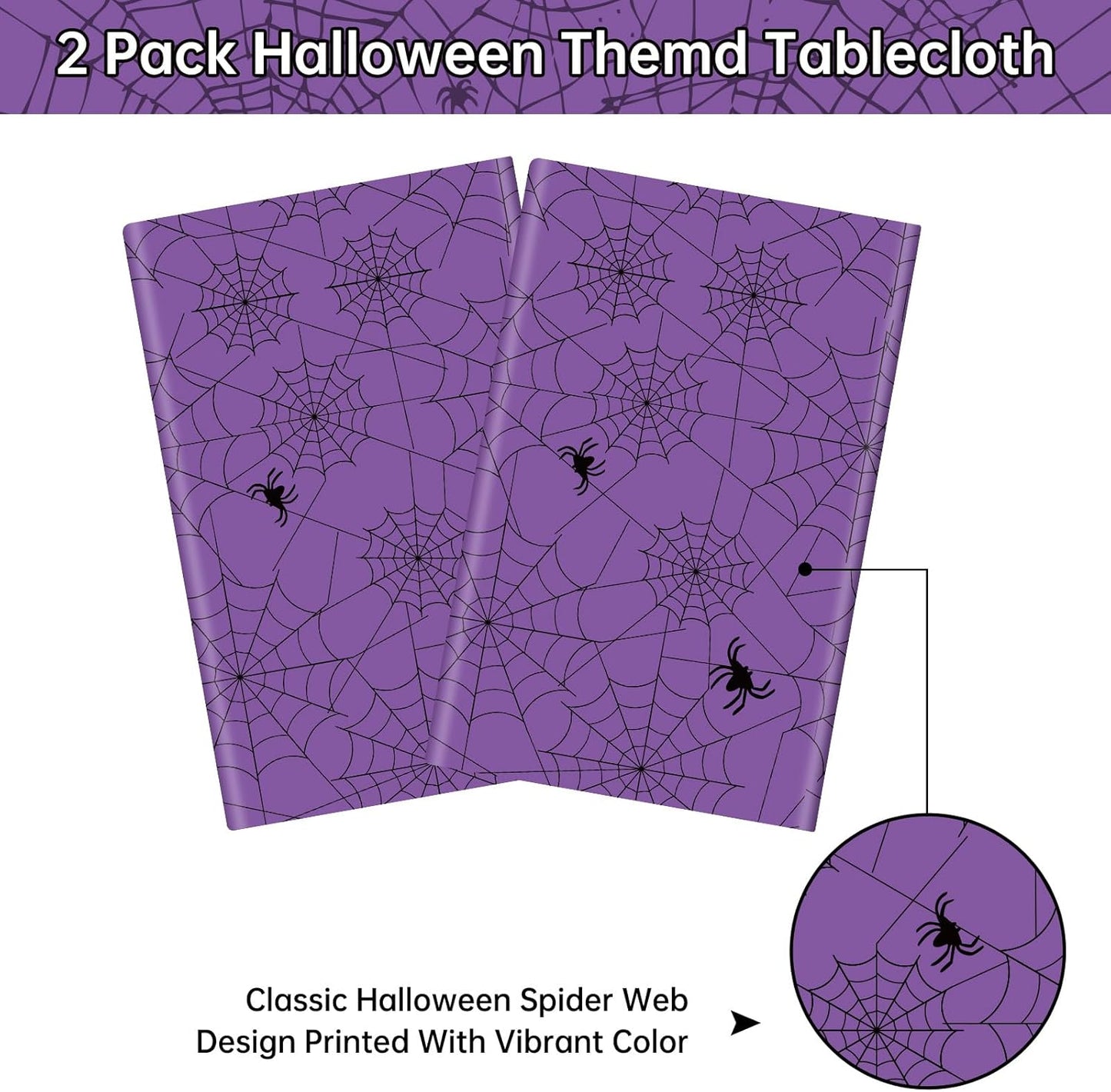 2 Pcs Halloween Tablecloth - Plastic Halloweens Spider Webs Table Cloth, Purple Disposable Rectangle Spiderweb Table Cover for Halloween Party Decorations Supplies Favors Tables Decor, 108 x 54 Inch