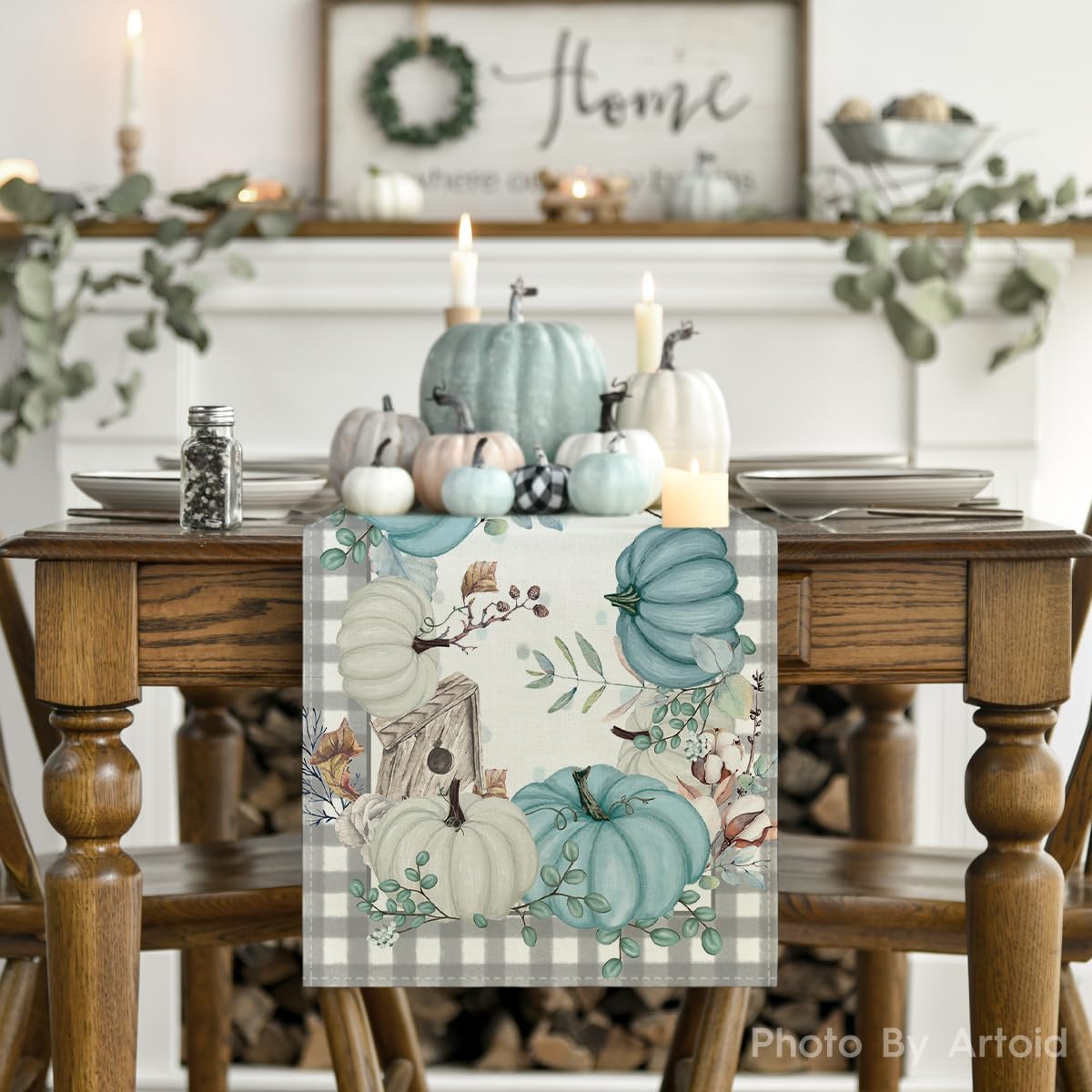 Artoid Mode Buffalo Plaid Pumpkins Leaves Fall Table Runner, Autumn Thanksgiving Kitchen Dining Table Decoration for Home Party Decor 13x72 Inch