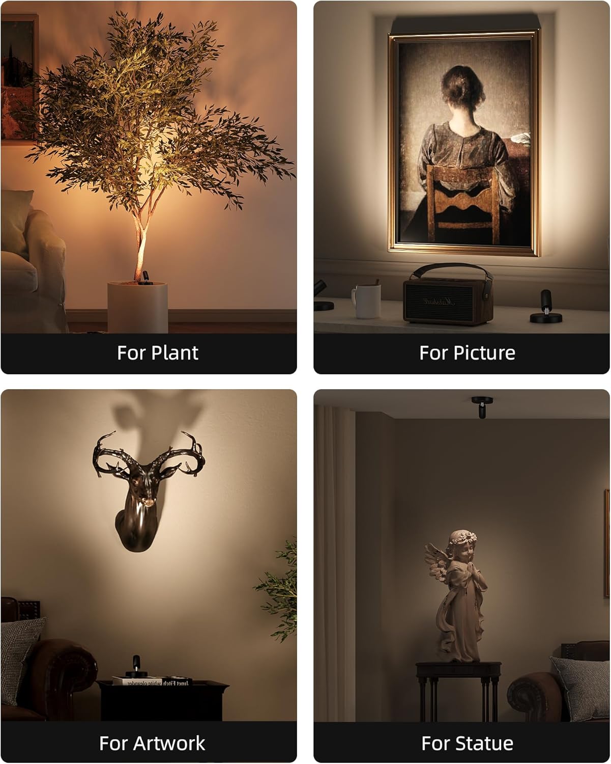 EZVALO Spotlights Indoor with Remote,5500mAh Rechargeable Picture Lights, Wireless LED Uplighting with Timer＆Dimmable, 3CCT,Mini Plant Spot Lights for Painting,Artwork,Accent Lighting(4Pack-Black)