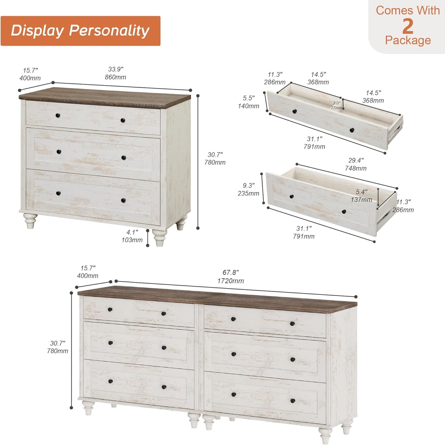 WAMPAT Kids Dresser for Bedroom with 6 Drawers, Baby Dressers with Wide Chest of Drawers, Farmhouse Wooden Closet Storage Organizer, Large Wood Dressers for Living Room, Nursery, Hallway, Rustic White