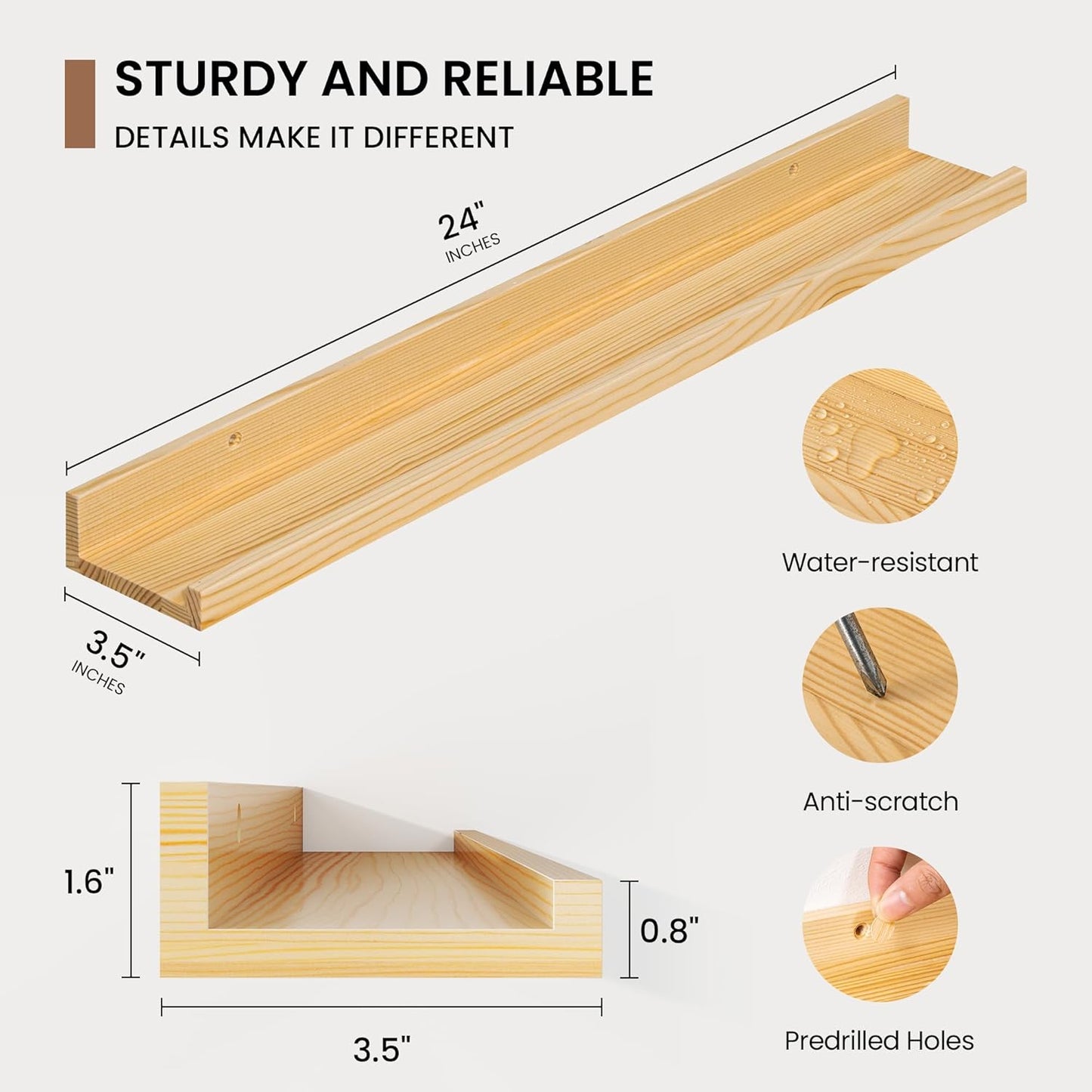 Picture Ledge Shelf, Solid Pine Wood Floating Shelves Set of 2, 24 Inches Nursery Book Shelves for Toys Storage, Kids Bookshelf Wall Mounted for Living Room Bedroom Decor Books Photo Frames, Natural