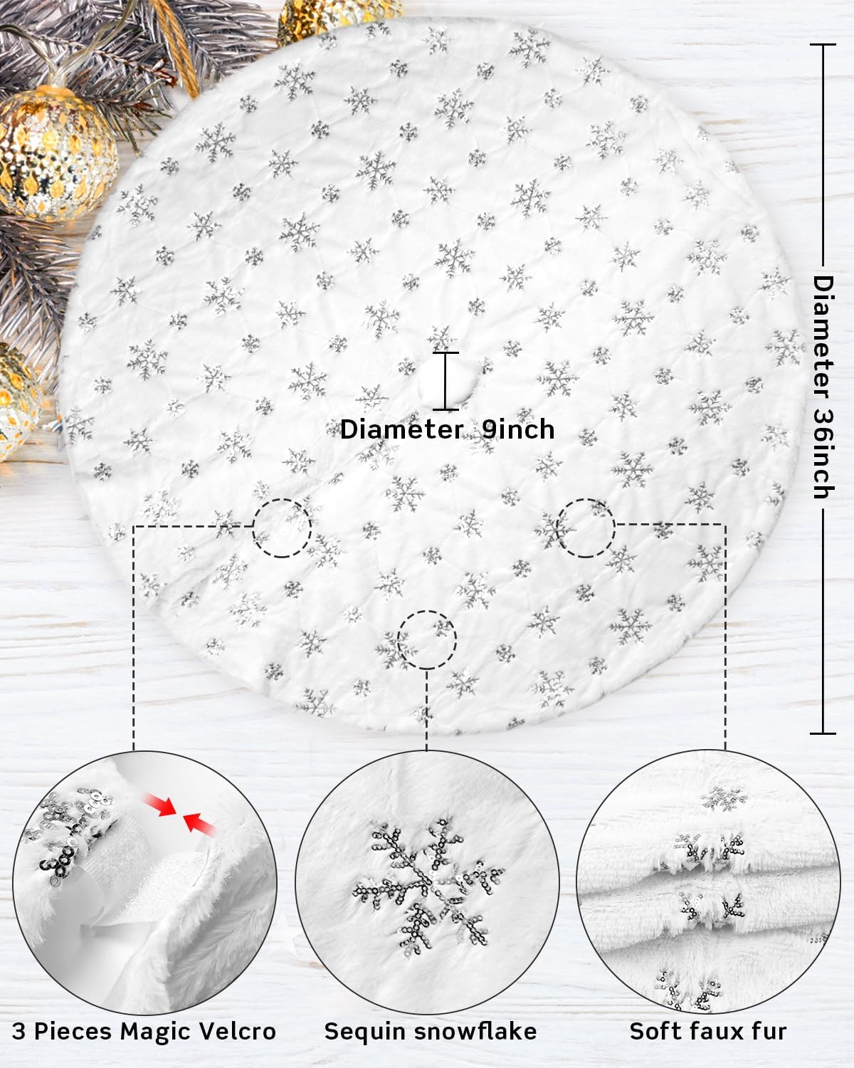 COOLWUFAN 36 Inches Christmas Tree Skirt for Xmas Tree Holiday Party Decorations White Plush Silver Sequin Snowflake (Silver)