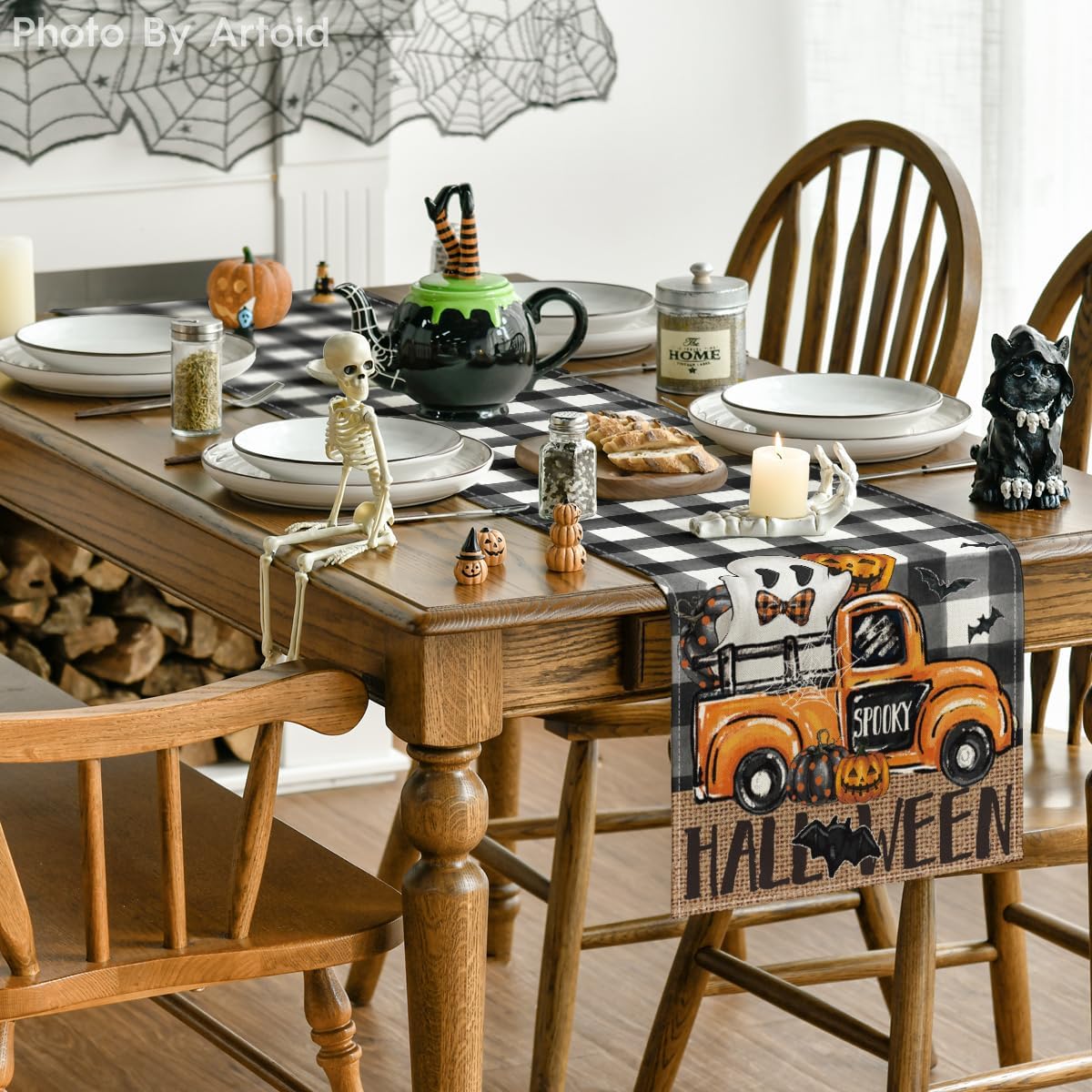 Artoid Mode Buffalo Plaid Bat Pumpkin Ghost Truck Spooky Halloween Table Runner, Sensonal Kitchen Dining Table Decoration for Home Party Decor 13x90 Inch