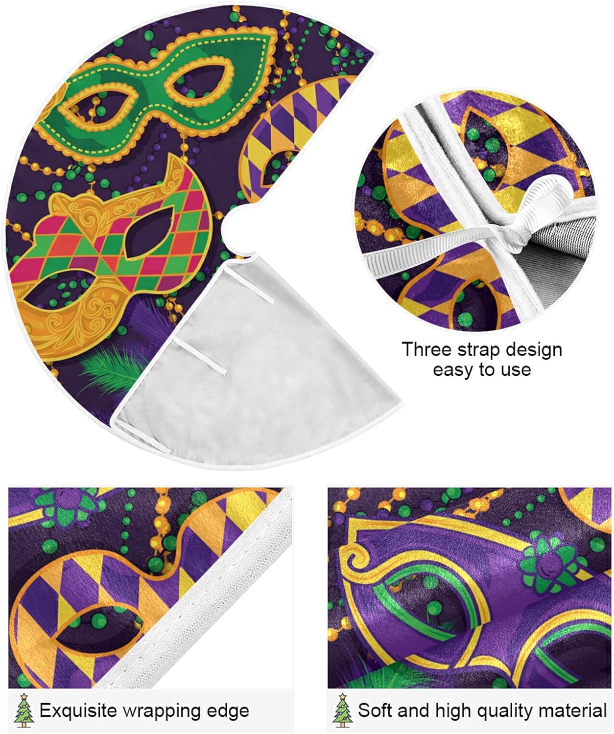 Mardi Gras Colorful Mask Tree Skirt, Seasonal Tree Mat Holiday Party Supplies Ornaments Indoor Outdoor Decorations for Tabletop Trees 47.2 Inches