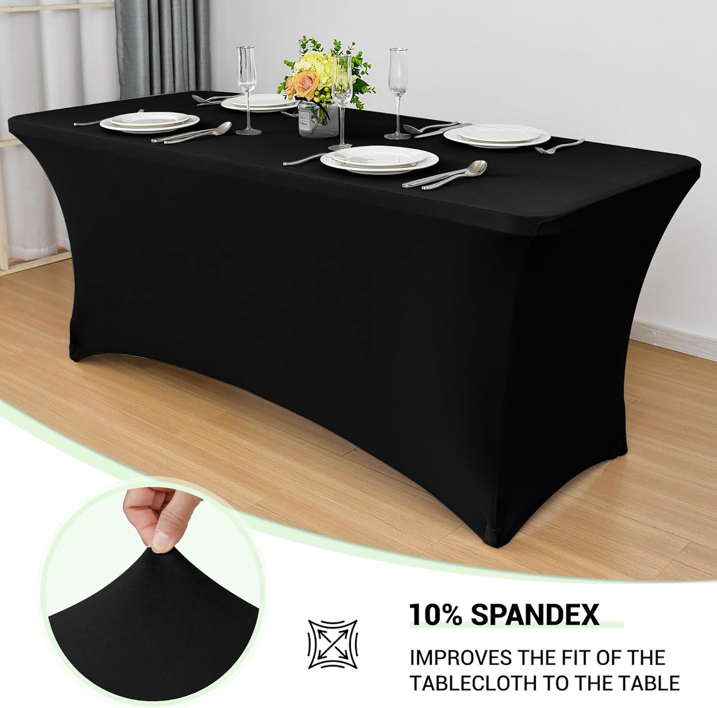 Obstal 6ft Stretch Spandex Table Cover - 4 Pack Universal Rectangular Fitted Tablecloth Protector for Wedding, Banquet and Party, Black