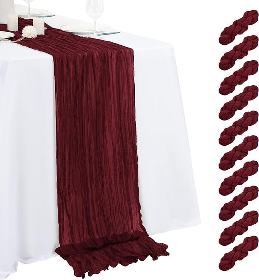 10 Pack Burgundy Cheesecloth Table Runner 17x108 Inch Semi Sheer Boho Gauze Cheese Cloth Table Runners, for Wedding Bridal Shower Birthday Party Home Decor Garden Farmhouse