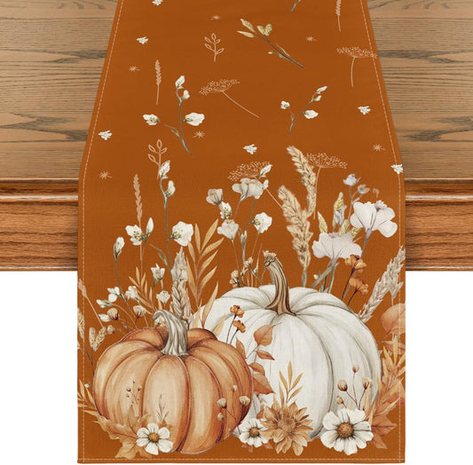 Artoid Mode Orange Pumpkins Leaves Flowers 210 GSM Fall Table Runner, Seasonal Autumn Kitchen Dining Table Decoration for Home Party Decor 13x72 Inch