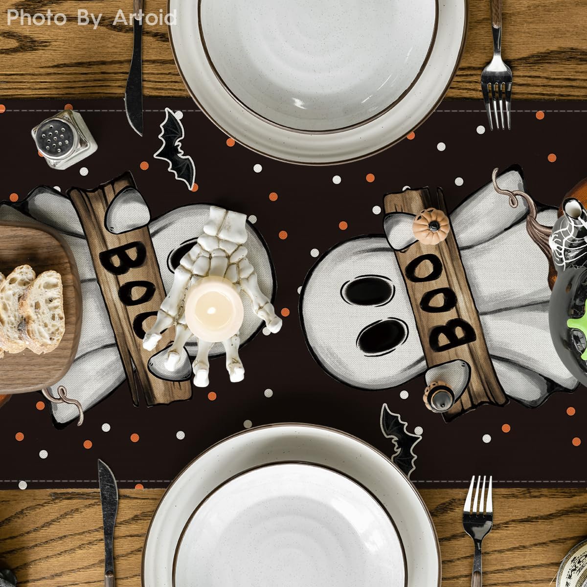 Artoid Mode Polka Dot Ghost Pumpkin Cat Boo Halloween Table Runner, Bat Seasonal Fall Kitchen Dining Table Decoration for Home Party Decor 13x60 Inch