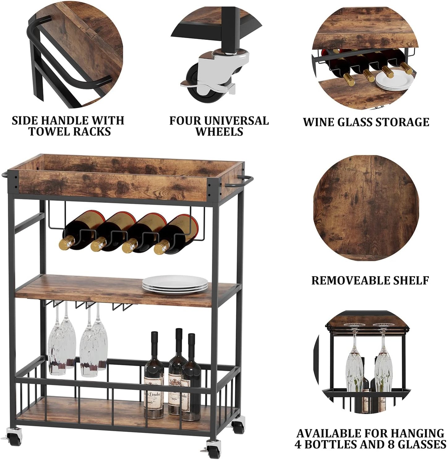 Bar Cart Serving Wine 3 Tier Home Rolling Rack with Wheels Mobile Kitchen Industrial Vintage Style Wood Metal Serving Trolley Serving Cart,Glass Holder Bar Cabinet