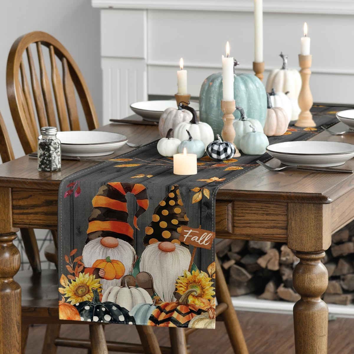 Artoid Mode Fall Gnomes Pumpkins Sunflower Maple Leaves Thanksgiving Table Runner, Seasonal Harvest Vintage Kitchen Dining Table Decoration for Indoor Outdoor Home Party Decor 13 x 36 Inch