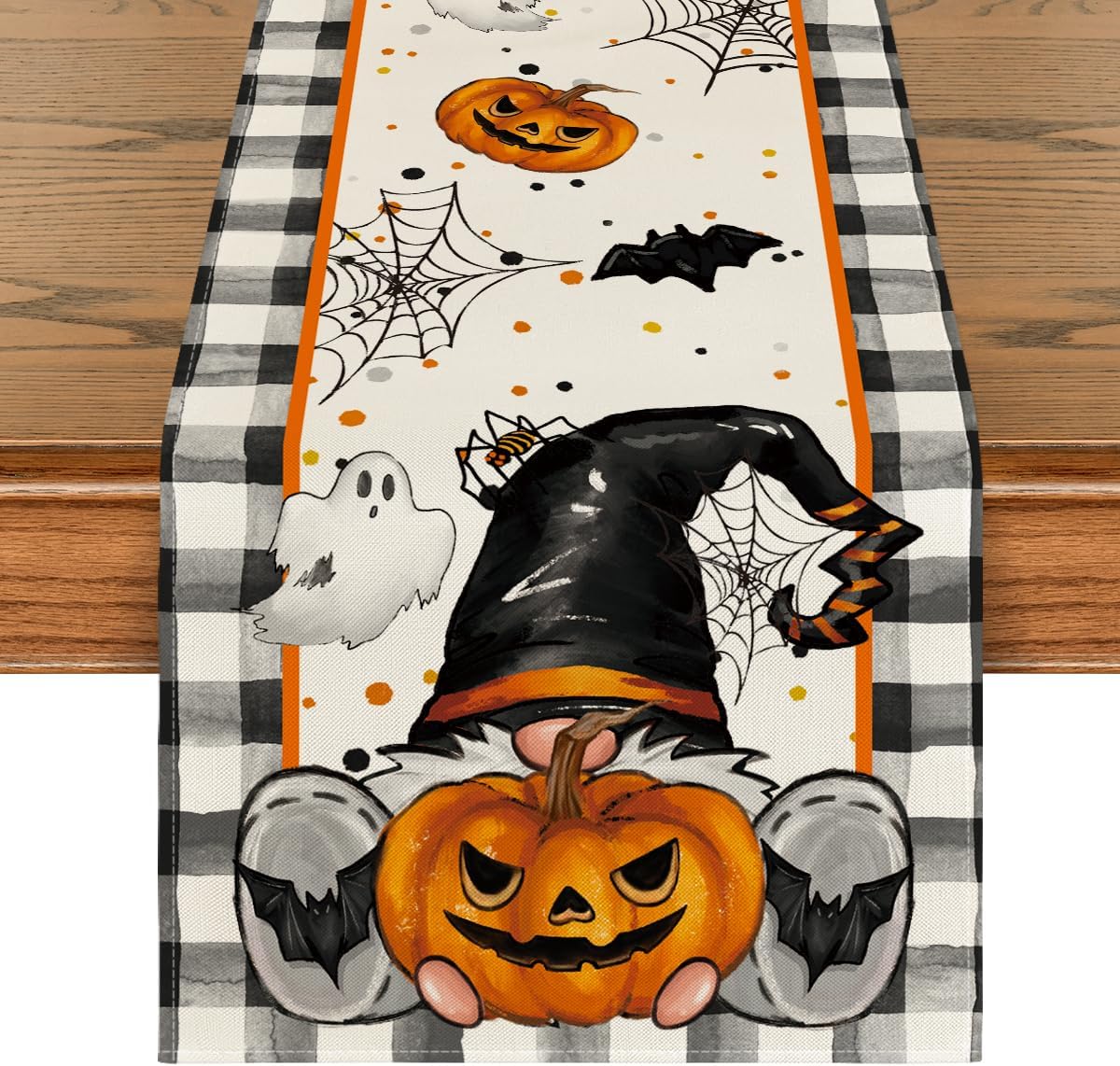 Artoid Mode Buffalo Plaid Gnome Bat Pumpkin Ghost Halloween Table Runner, Sensonal Kitchen Dining Table Decor for Home Party 13x108 Inch