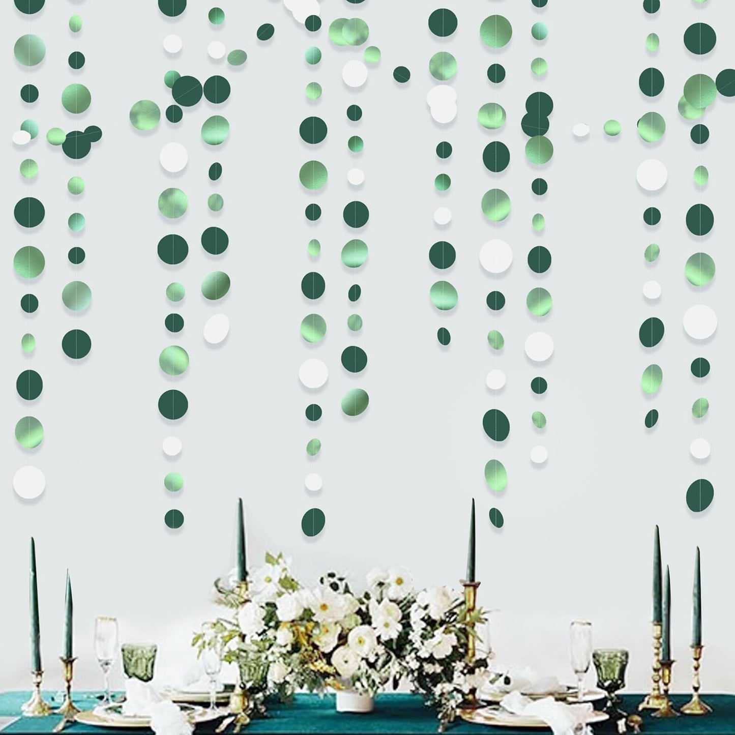 46 Ft Sage Green Party Decorations Metallic Sage Green White Polka Dots Garlands Hanging Paper Circle Dots Streamer for Birthday Baby Shower Engagement Graduation Wedding Party Decorations Supplies