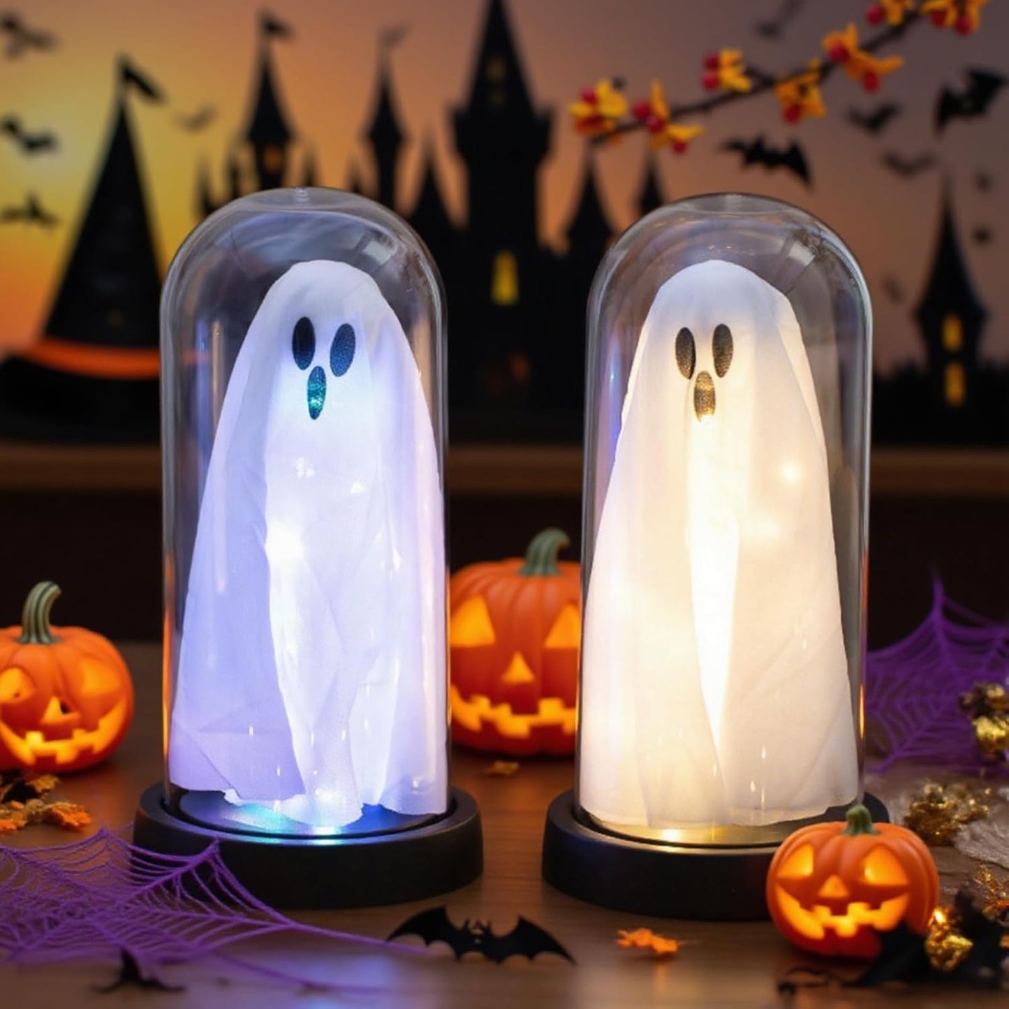 Light Up Ghost in Glass Cloche,Halloween Decorations Indoor,Cute LED Ghost Decor for Mantel,Tabletop,Cute Decorative Ornaments Suitable for Halloween Parties and Festivals(Colored Light,PVC Cover)