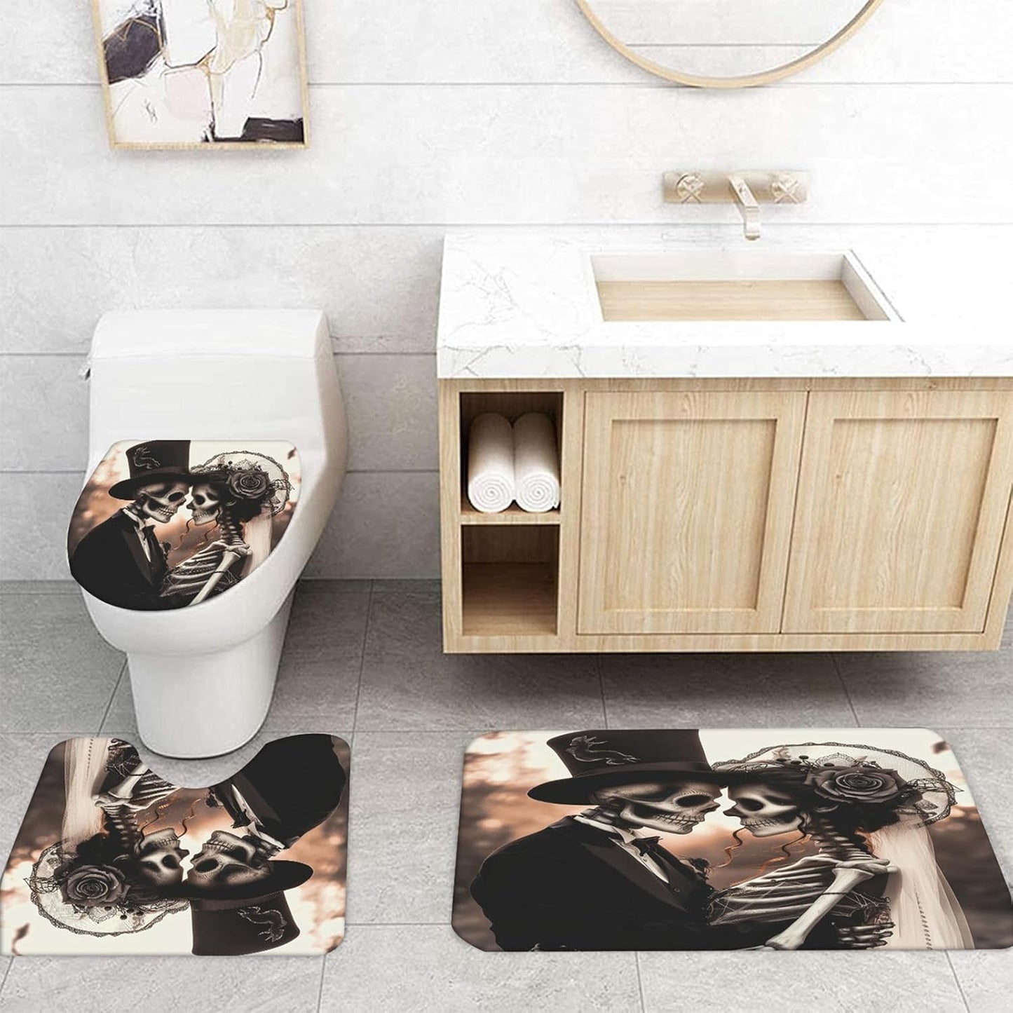 NEWSUYAA Halloween Decorations Shower Curtain Set with Non-Slip Rugs and Bath Mats,Black Skull Skeleton Bathtub Curtains with 12 Hooks,All Saints'Day (Nov 1st) Bathroom Decor