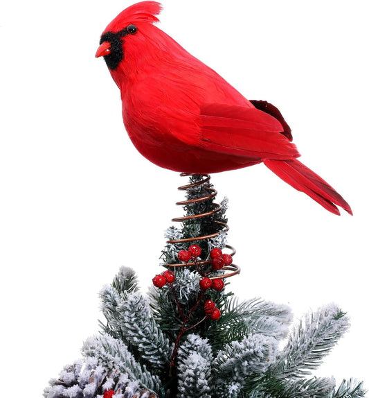 Retisee 11.8'' Cardinal Christmas Tree Topper Red Cardinal Christmas Tree Decoration Red Bird Christmas Tree Ornaments Artificial Feather Flocked Christmas Ornaments for Christmas Wedding Party Decor