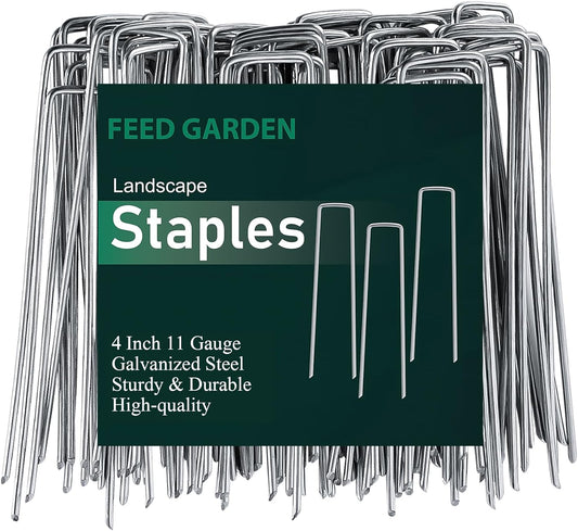 FEED GARDEN 4 Inch 100 Pack Hot-dip Galvanized Landscape Staples 11 Gauge Anti-Rust Garden Stakes Landscaping Fabric SOD Pins Yard Stakes for Weed Barrier Fabric