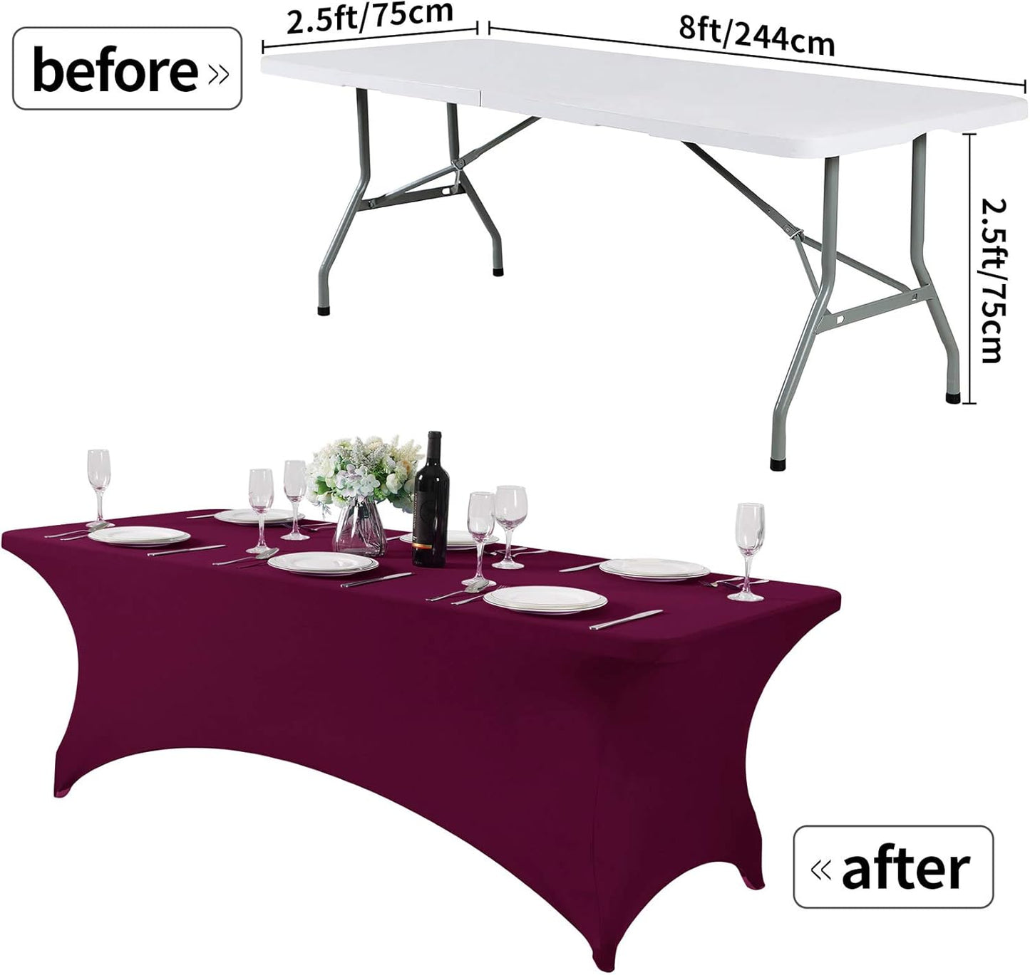Spandex Table Cover for 8FT or 4ft or 6ft Table Universal Fitted Stretch Tablecloth for Party, Banquet, Wedding and Events-Burgundy