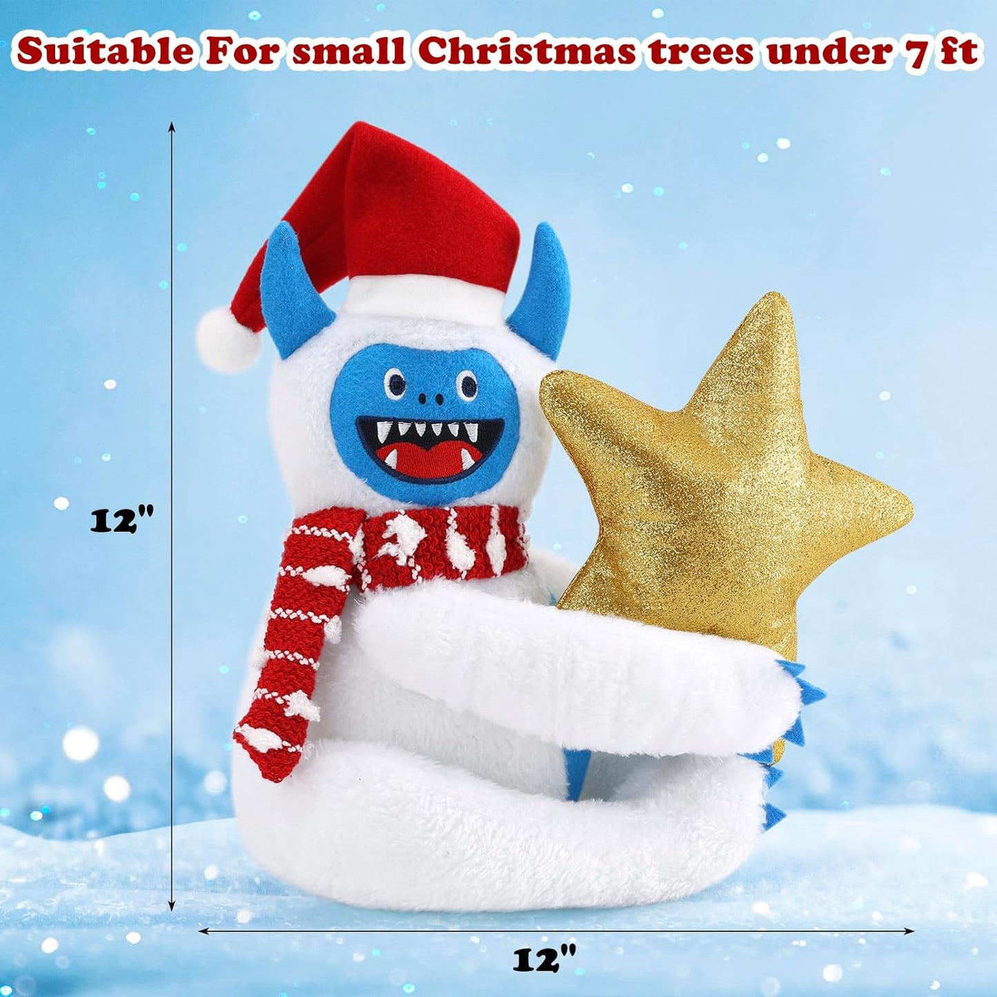 Bigfoot Snowman Christmas Tree Topper Decorations with Glitter Star Xmas Ornaments Home Decor 3D Wreath Attachment Winter Holiday Festive Gift Fits for Small 3-4ft Tree Fabric