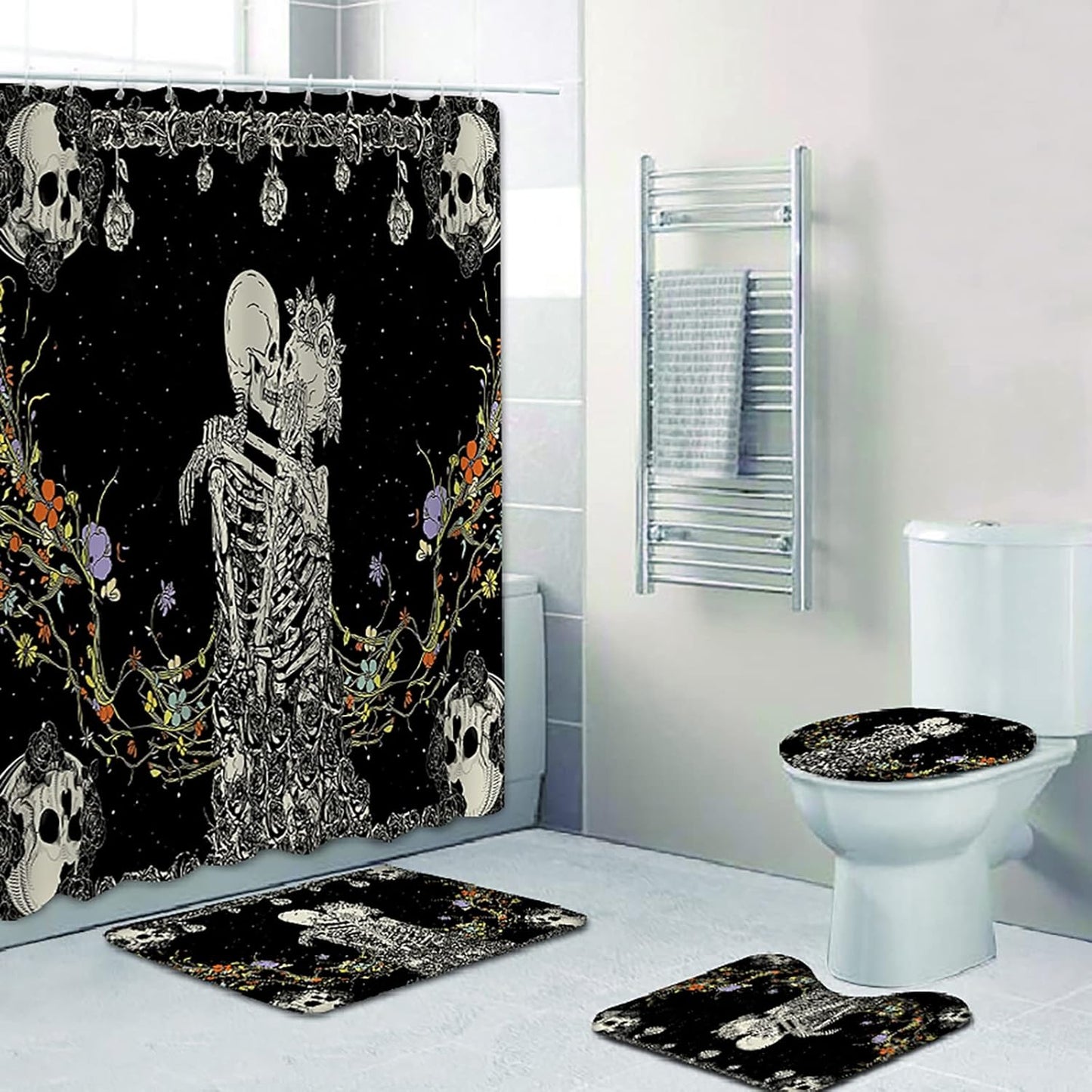 NEWSUYAA Halloween Decorations Shower Curtain Set with Non-Slip Rugs and Bath Mats, 4 Pcs Skull Black and White Skeleton Couple with Floral Bath Decor Toilet Cover Hooks Bathroom Accessory