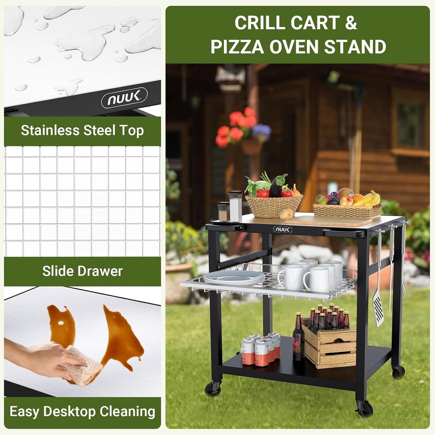 NUUK Outdoor Grill Cart 30"x 24" Pizza Oven Table 3-Shelf with Drawer BBQ Grilling Carts Outside Serving Prep Tables Stand