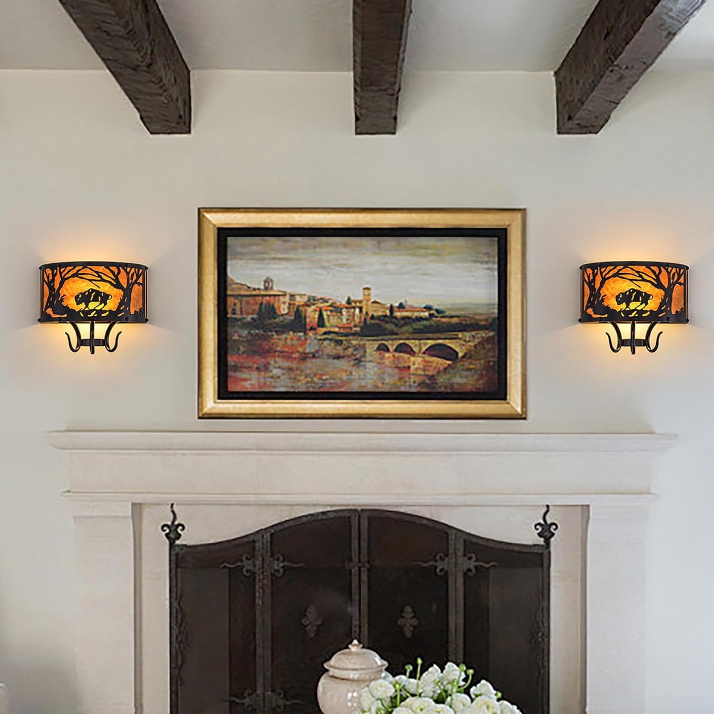 TOCHIC Farmhouse Wall Sconce, Rustic Vintage Indoor Wall Light Fixture, 2-Light Western Cow Wall Mount Light for Bedroom, Hallway, Living Room, Stairway