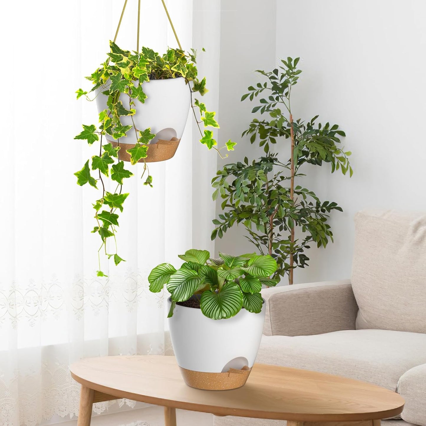 ZMTECH 10 Inch Hanging Planters for Indoor Outdoor Plants, 2 Pack Self Watering Hanging Plant Pots with Drainage Holes and Removable Saucer, Plastic Flower Hanging Pots with Watering Lip (White)