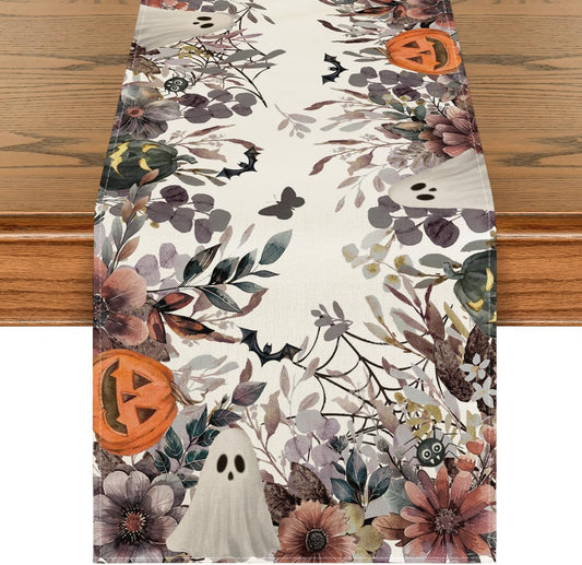 Artoid Mode Jack-O'-Lantern Pumpkin Floral Ghost Halloween Table Runner, Eucalyptus Kitchen Dining Table Decoration for Home Party Decor 13x108 Inch