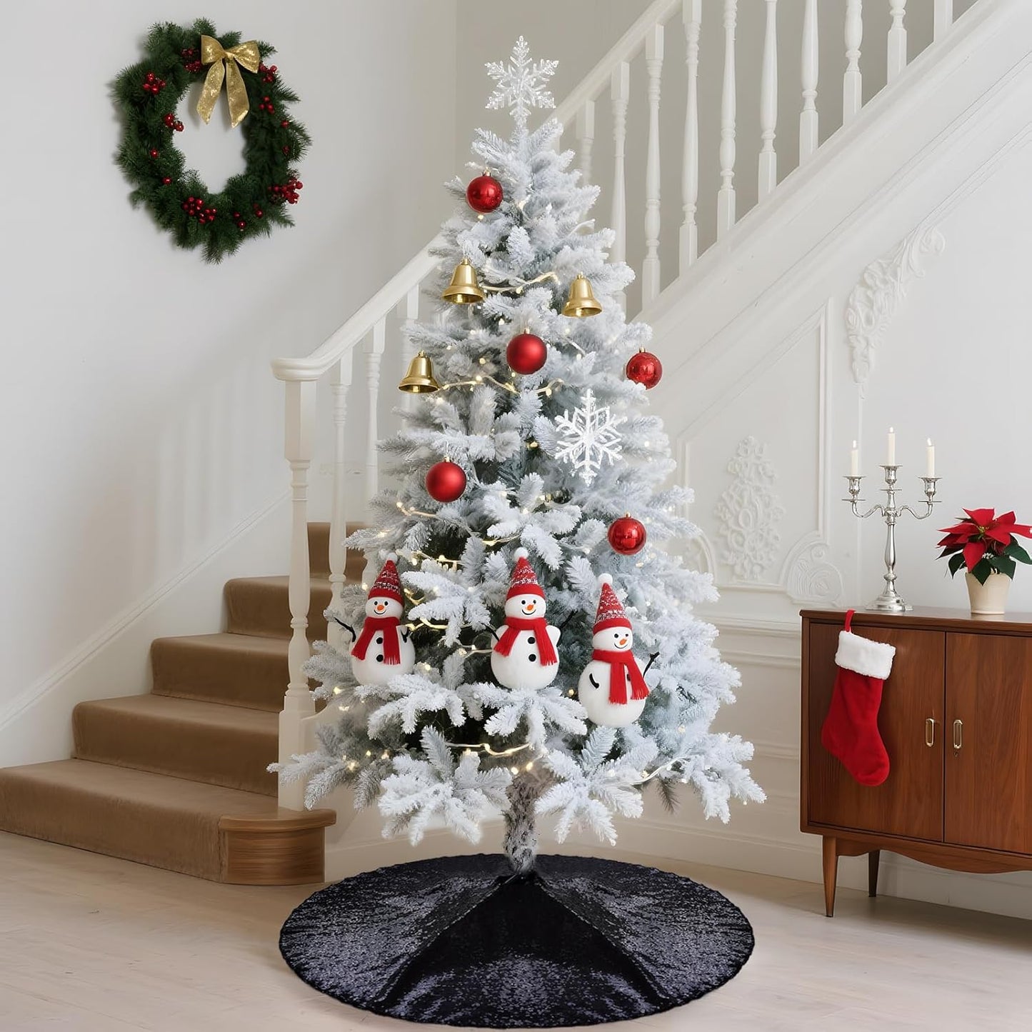 Eternal Beauty Christmas Tree Skirt, 24 Inch Black Halloween Sequin Tree Skirt Small Xmas Tree Skirt for Christmas Tree Decorations