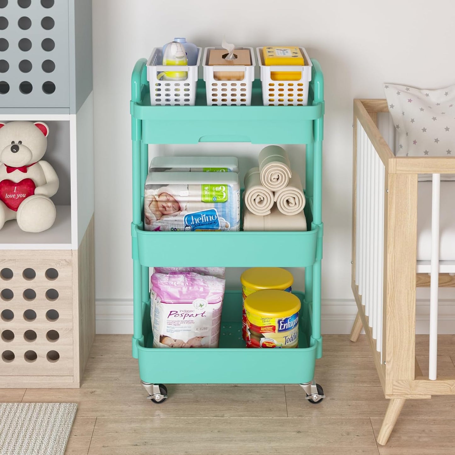 Calmootey 3-Tier Rolling Utility Cart with Drawer,Multifunctional Storage Organizer with Plastic Shelf & Metal Wheel,Storage Cart for Kitchen,Bathroom,Living Room,Office,Green