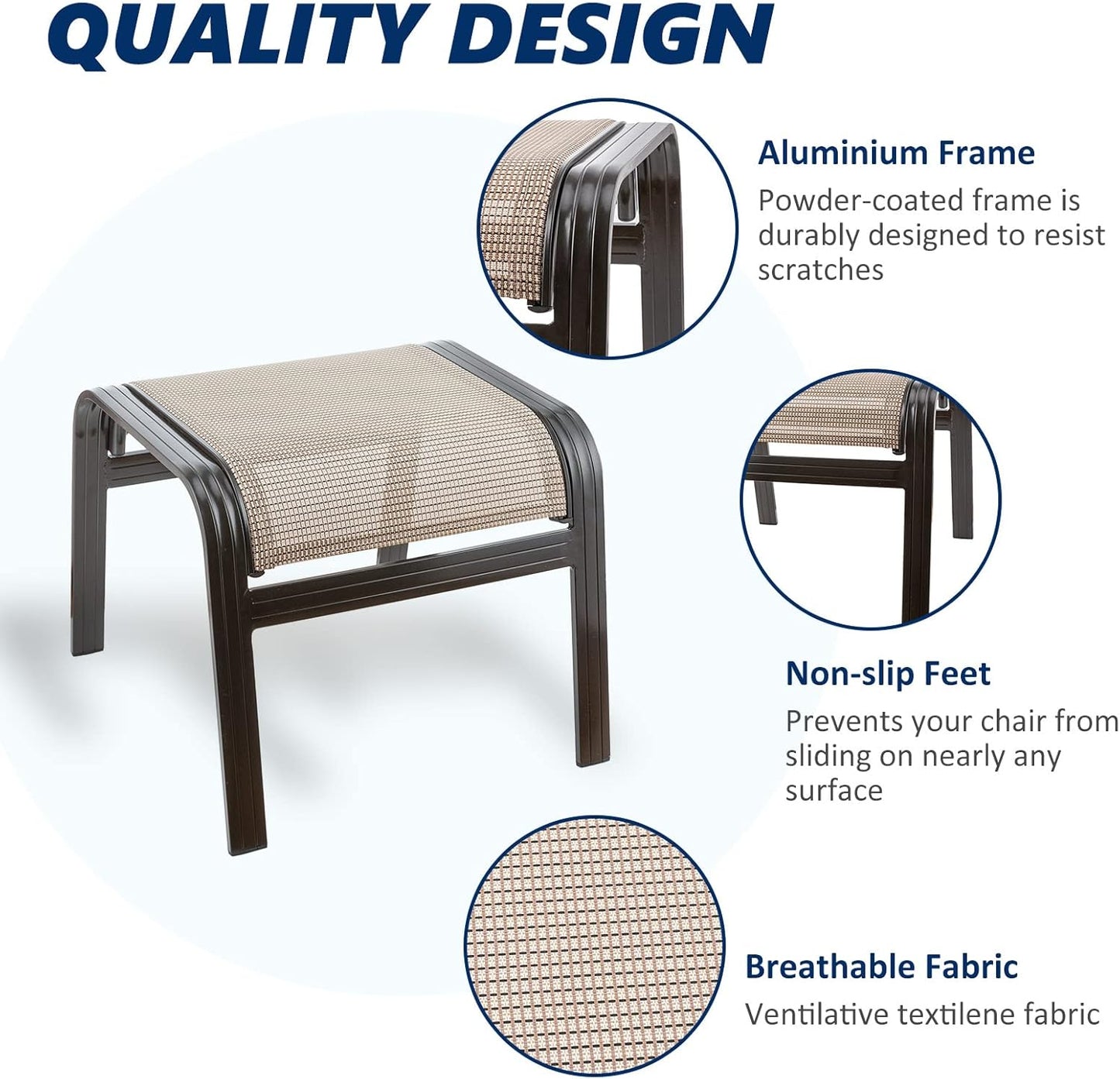 Outdoor Patio Ottoman Seat Textilene Portable Metal Footstool Portable Footrest Patio Chairs 2 Set Beige