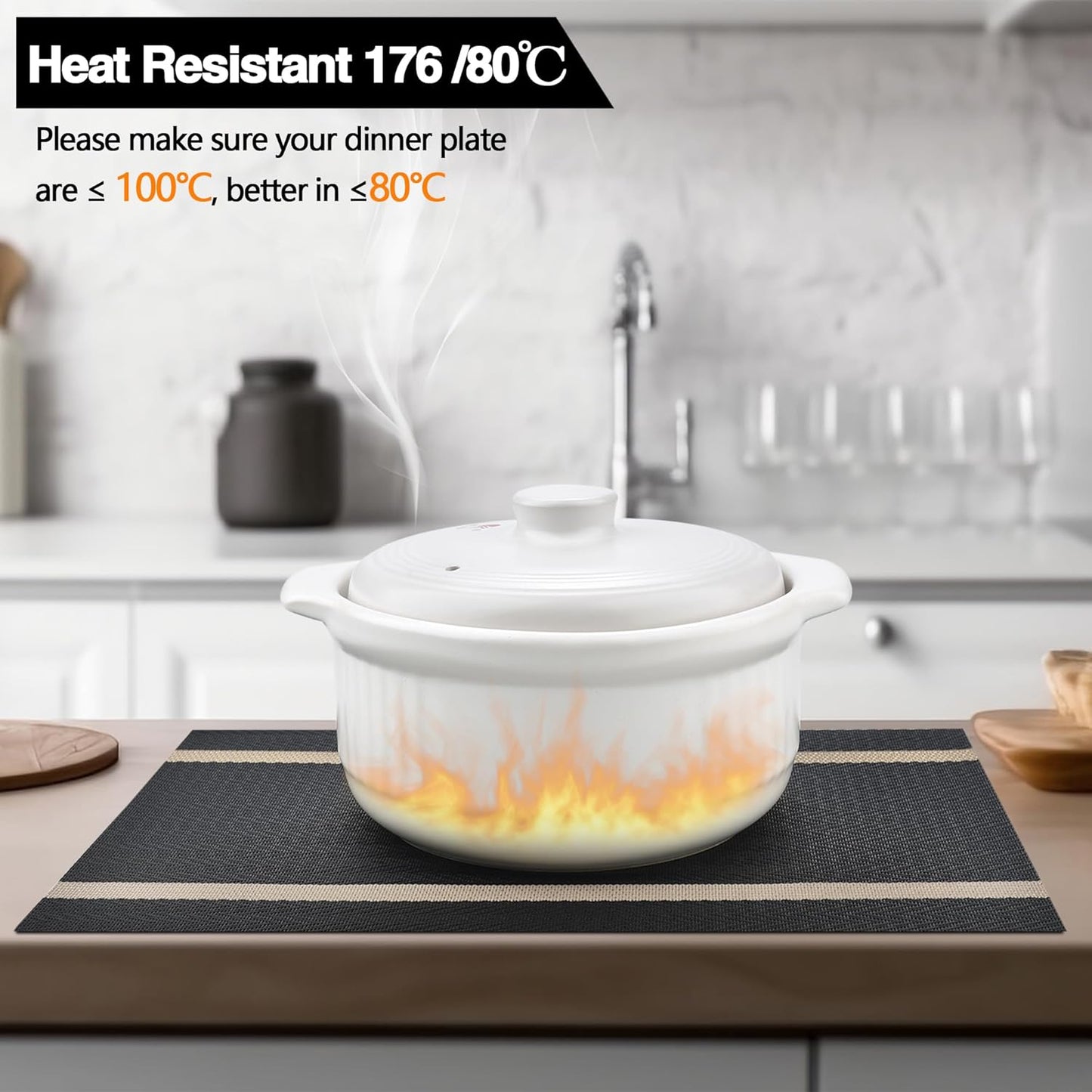 Black Placemats Set of 8 - Easy Clean Modern Durable Washable Vinyl Place Mats - Heat Resistant Placemats for Kitchen Table - PVC Table Mats for Dining Table (Black with Stripes, 8)