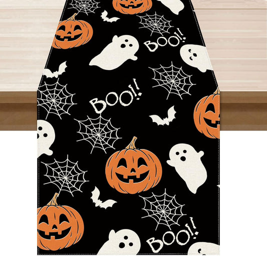 XCHI Boo Spooky Ghost Pumpkin Halloween Table Runner Burlap Table Decoration for Home Kitchen Dining Dinner Indoor Holiday Farmhouse Decor 13x36 Inch